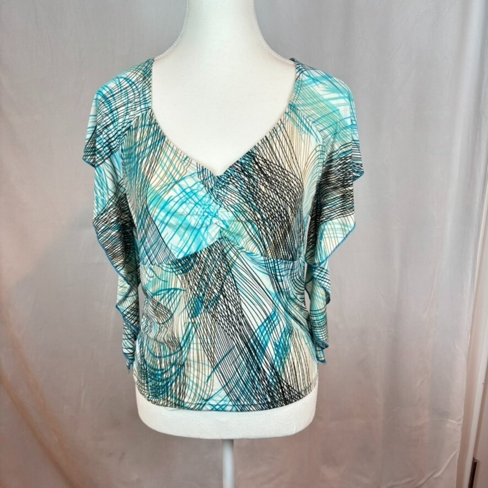 Vintage Y2K Womens Flutter Sleeve Babydoll Blue Black Geometric Blouse SZ Large